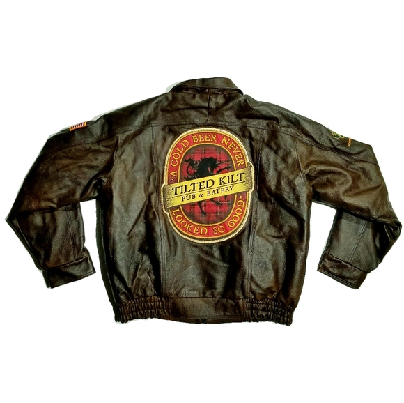 Rare Tilted Kilt Pub White Marsh Burks Bay Mens Leather Bomber Jacket Brown XL - Picture 8 of 12